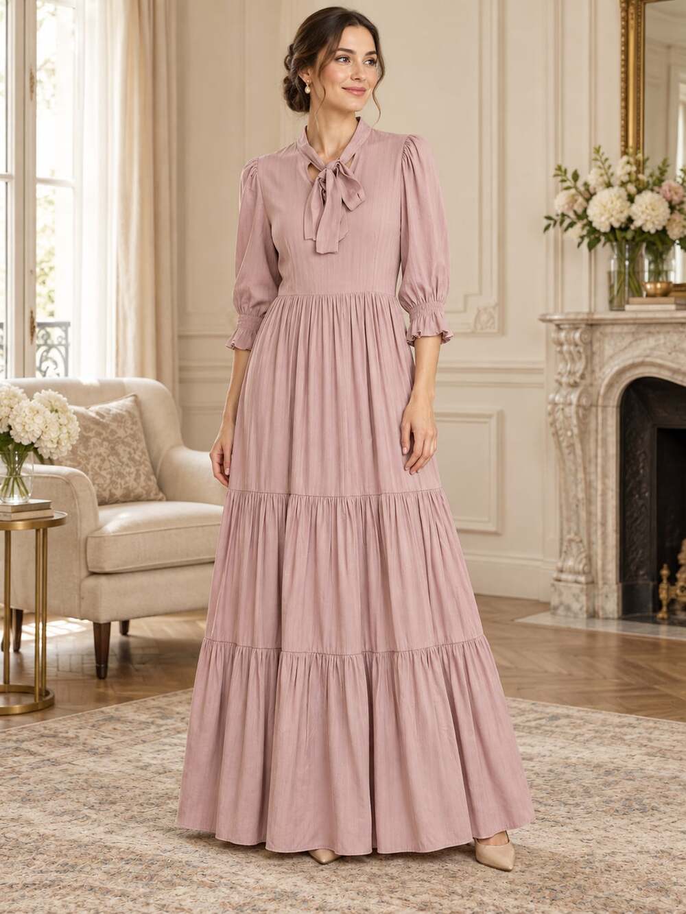 Roolee Tiered Maxi Dress Small Dusty Pink Tie Neck Long Sleeve Lined Boho